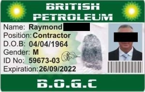 Fake ID of an imposter posing as an oil rig engineer.
