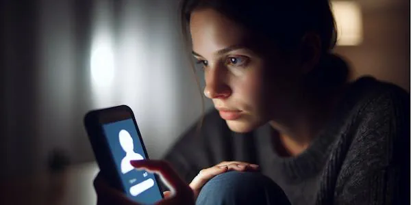 A image of a woman cautiously interacting with a love scammer from Germany on a dating app