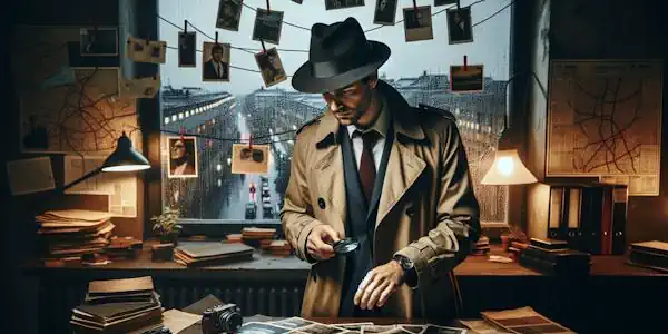 A painted image of a private detective investigating suspects in online dating scams