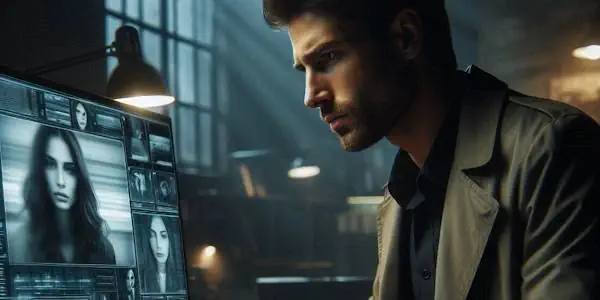 Private investigator sitting in his office investigating a Kyrgyz woman.